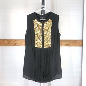 Edit BY JEANNE BEKER Black Gold Sequin Pleated Black Keyhole Sleeveless Blouse S